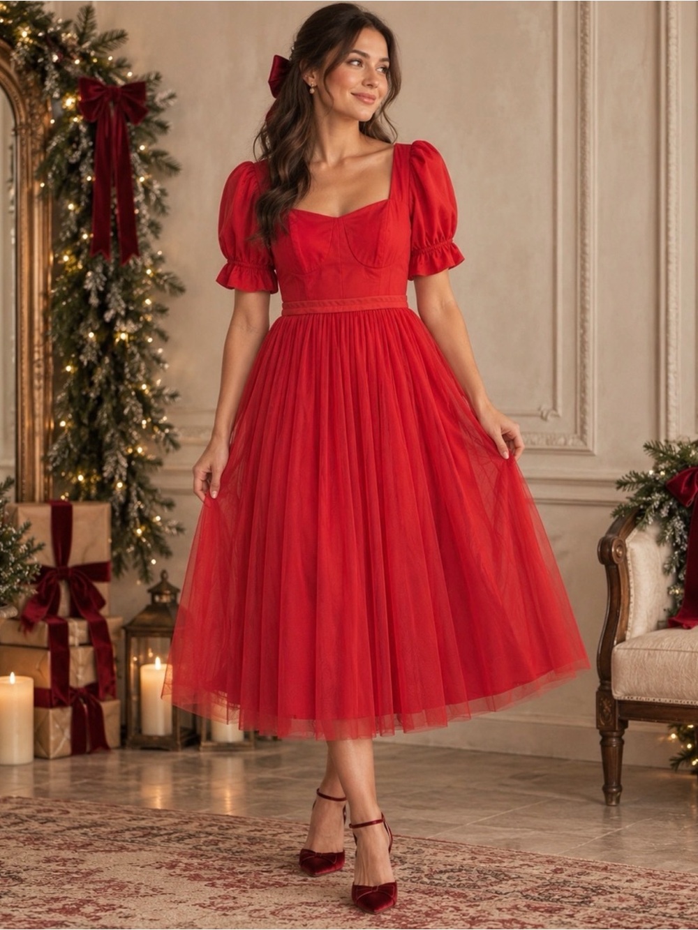 Ivy City Co Red puff sleeve midi dress square neck tulle romantic cottagecore